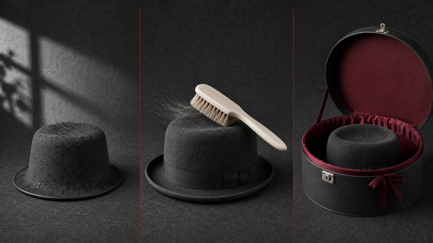 Three felt hat care steps in a row: drying upside down in shade, brushing the crown in one direction, and storing in a rigid box