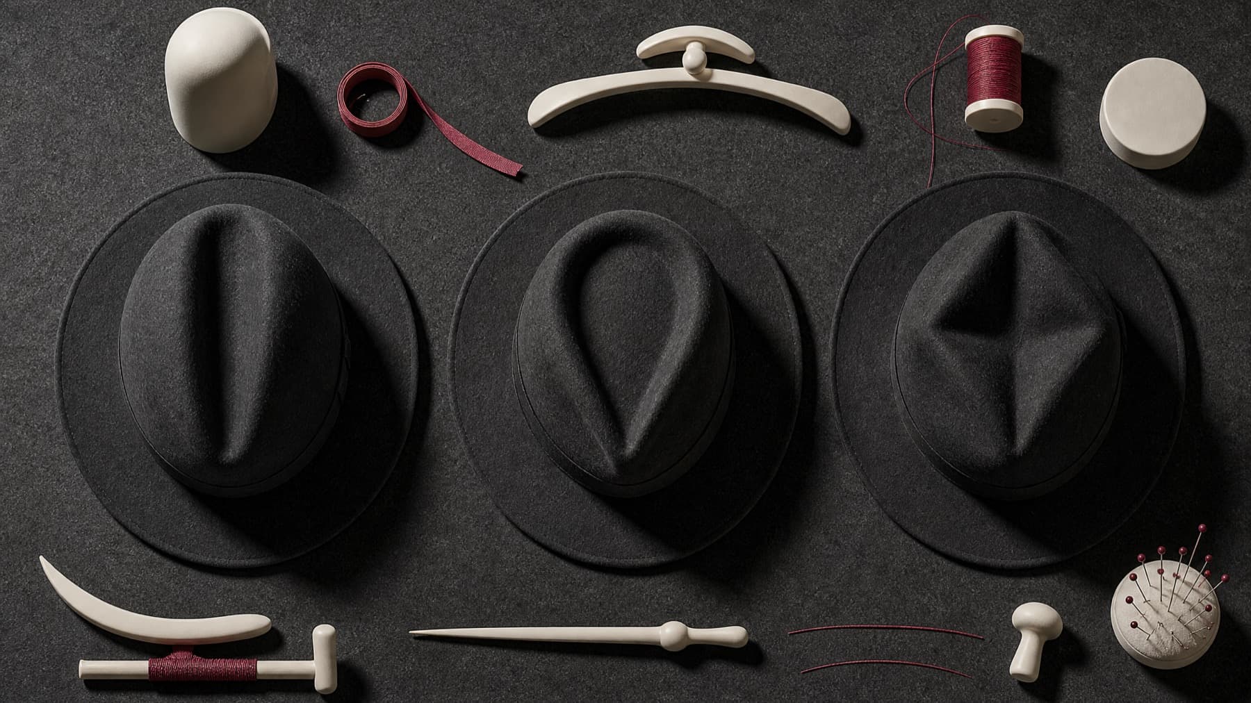 Three felt hat crowns seen from directly above with a centre crease, a teardrop crease and a diamond crease