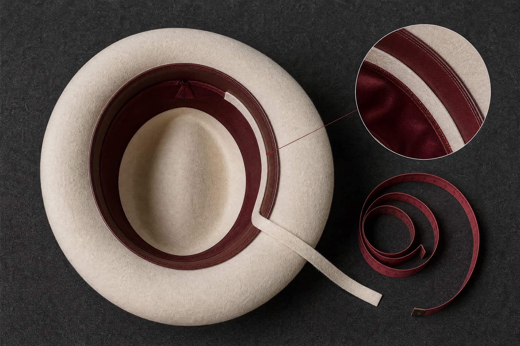 Hat interior with a bone felt sizing strip fitted behind the wine leather sweatband and a measuring tape beside it