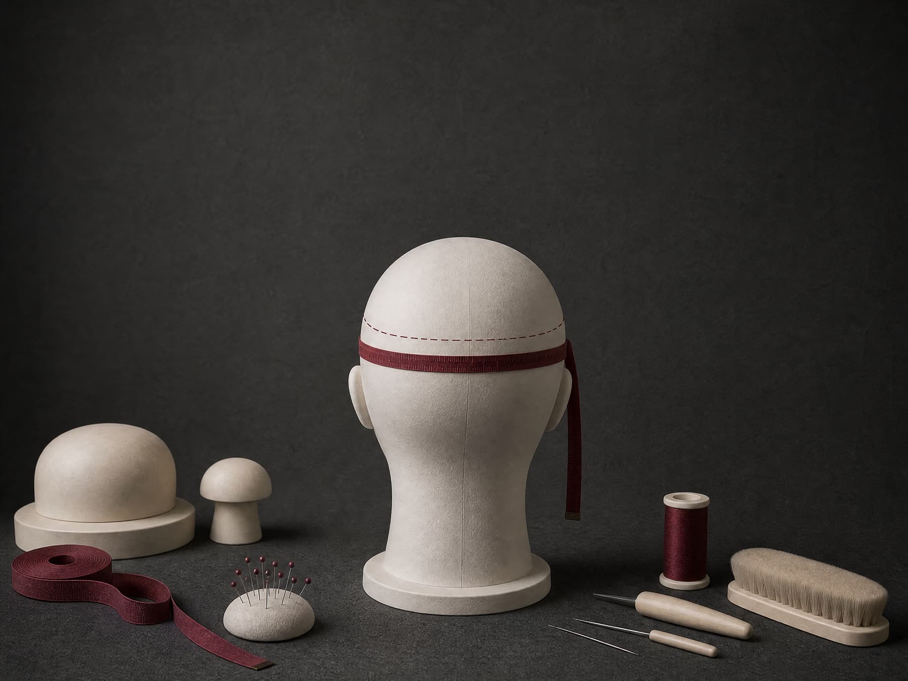 Bone hat block with a wine measuring tape level around it, one centimetre above the brow and across the widest point at the back
