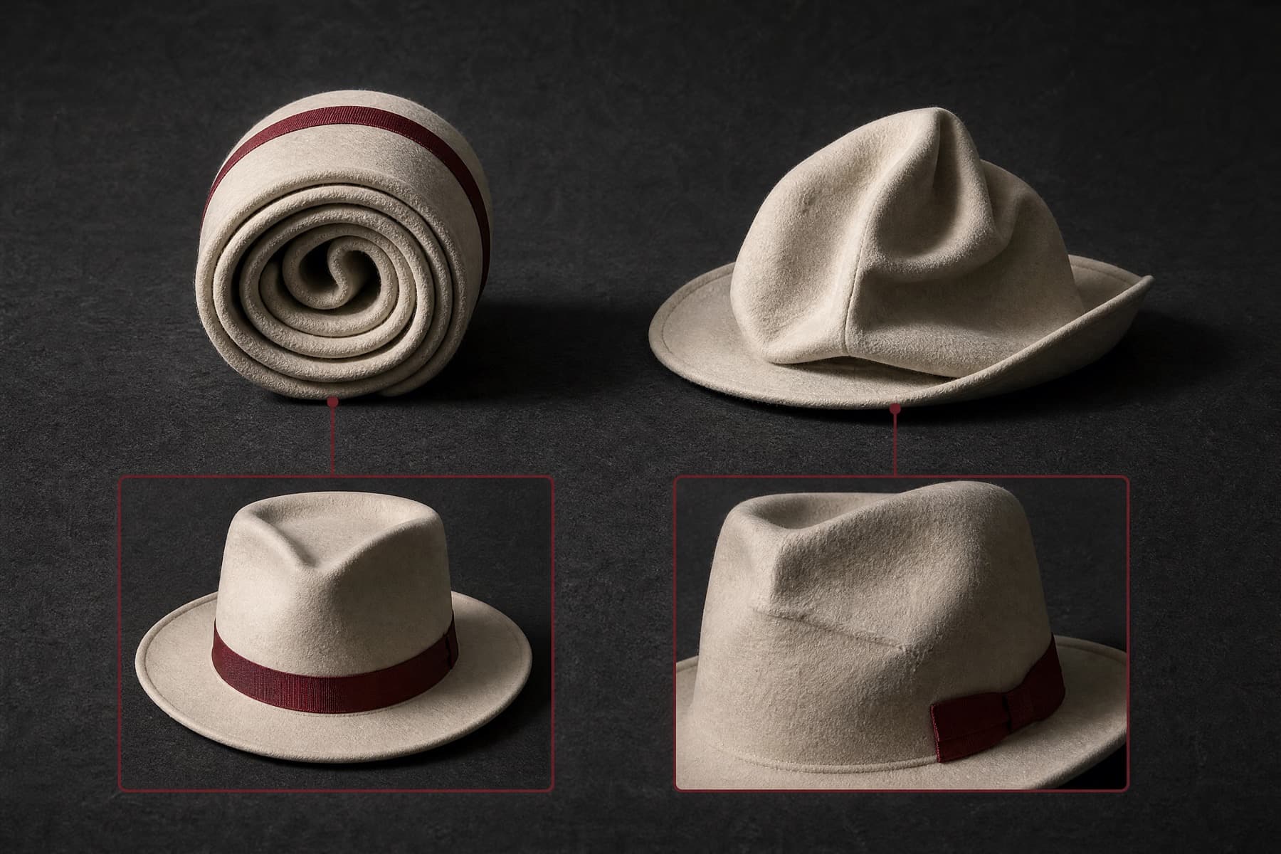 A soft felt hat springing back from being rolled beside a stiff felt hat with a permanent crease