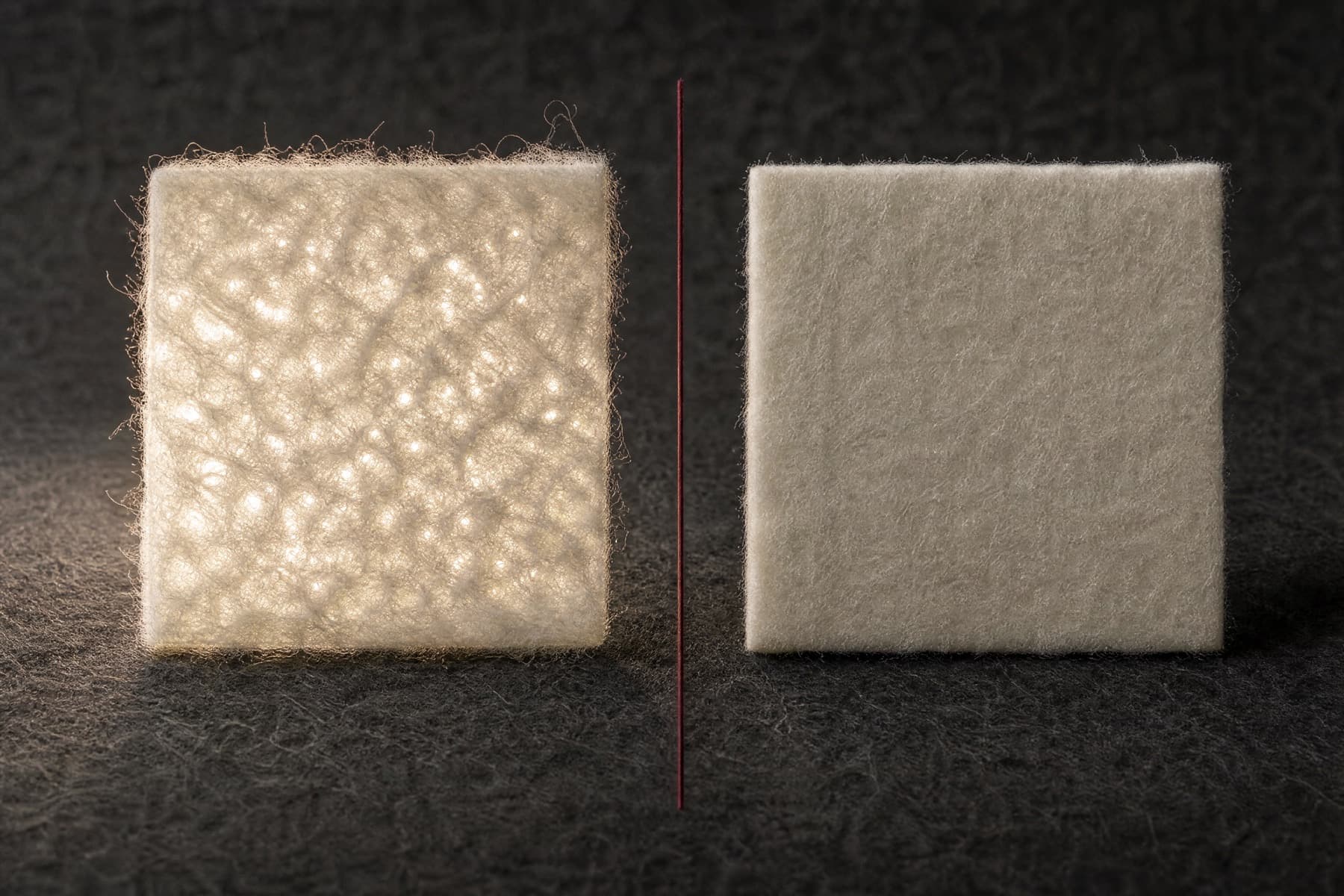 Two felt swatches lit from behind, the loose one glowing through and the dense one blocking the light