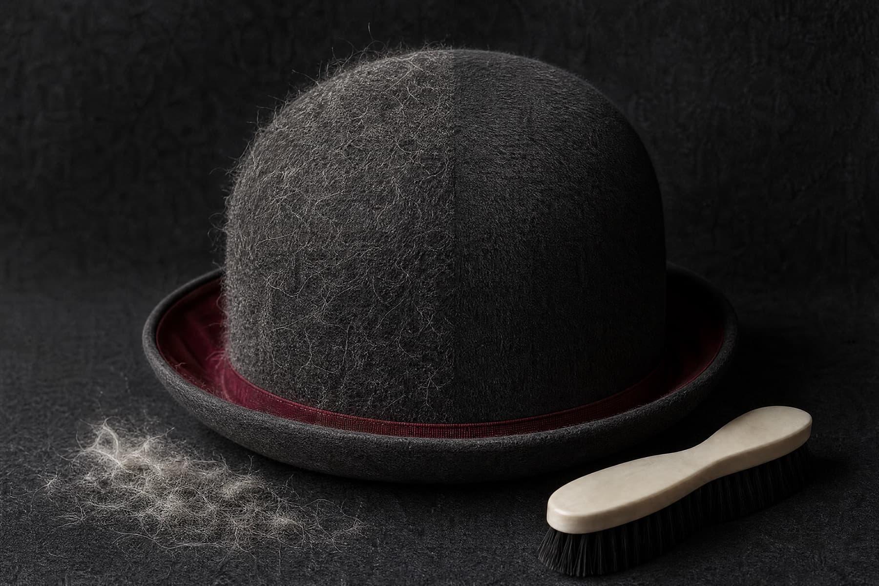 Felt crown half covered in loose surface fibre and half brushed clean beside a hat brush