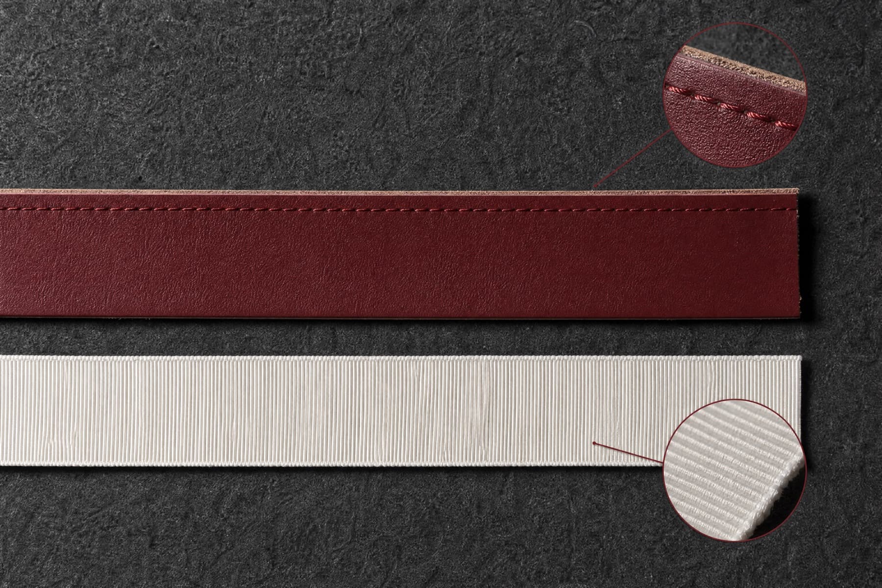 Wine leather sweatband and bone grosgrain sweatband laid side by side in macro detail