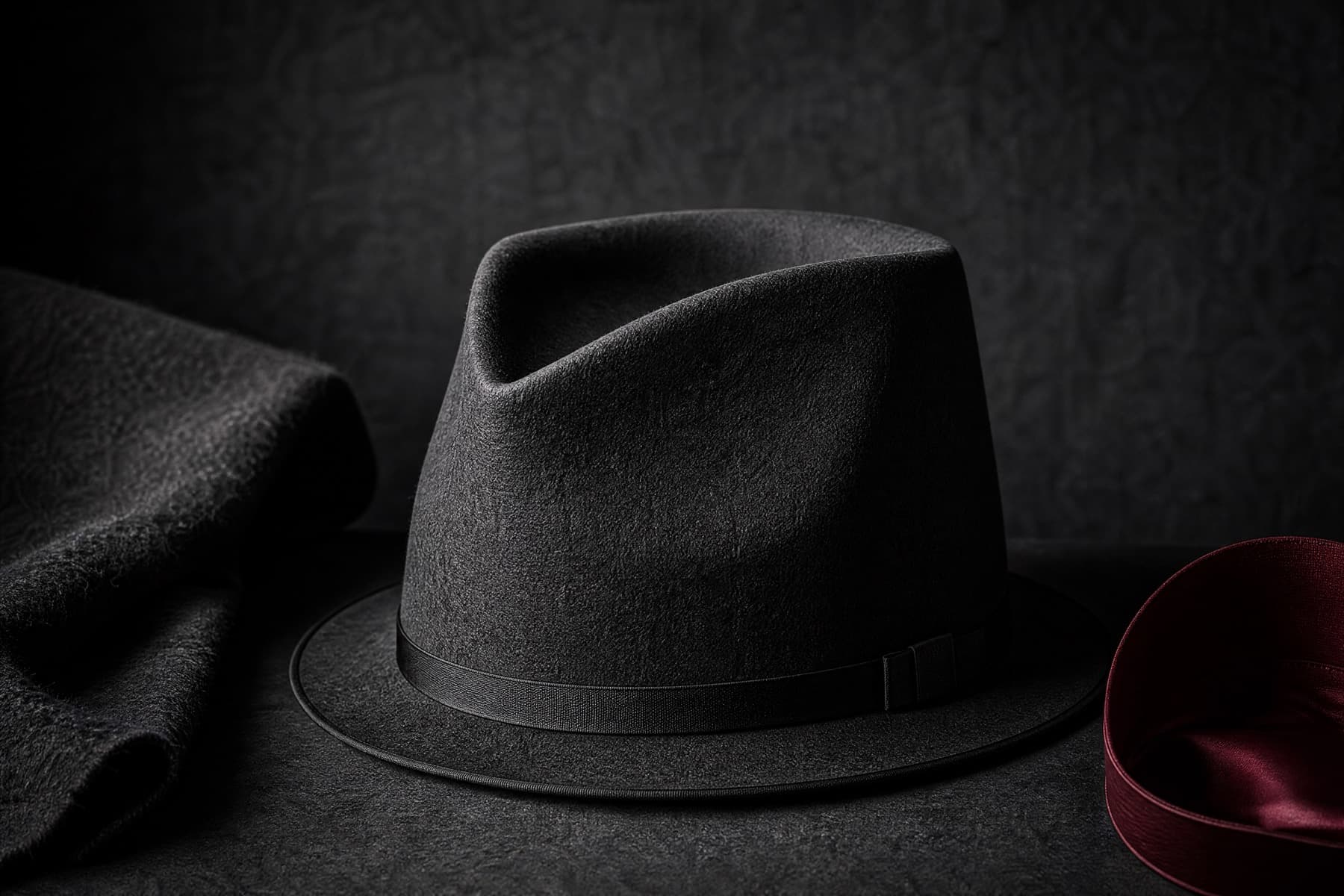 Structured Fine: charcoal felt hat photographed whole under a single hard side light